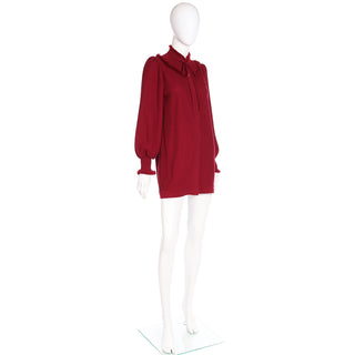 1970s Yves Saint Laurent Burgundy Red Knit Long Sweater w Fringe Trim