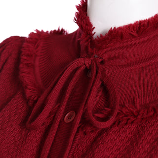 1970s Yves Saint Laurent Burgundy Red Knit Long Sweater w Fringe with tie at neck