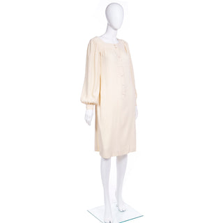 YSL 1970s Yves Saint Laurent Cream Jersey Dress w Bishop Sleeves