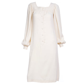 1970s Yves Saint Laurent Cream Jersey Dress w Bishop Sleeves Rayon