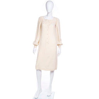 1970s Yves Saint Laurent Cream Jersey Dress w Bishop Sleeves YSL Dresses