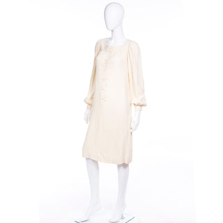 YSL 1970s Yves Saint Laurent Cream Jersey Day Dress w Bishop Sleeves