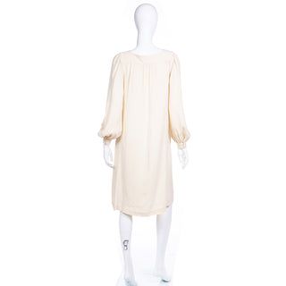 1970s Yves Saint Laurent Cream Jersey Day Dress w Bishop Sleeves