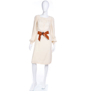 1970s Yves Saint Laurent Cream Jersey Dress w Bishop Sleeves YSL