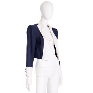 Vintage 1990s Yves Saint Laurent Rive Gauche Navy Blue & White Cropped Jacket