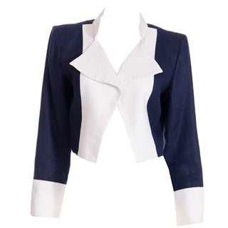 1990s Yves Saint Laurent Rive Gauche Navy Blue & White Cropped Jacket France