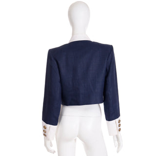 YSL 1990s Yves Saint Laurent Rive Gauche Navy Blue & White Cropped Jacket
