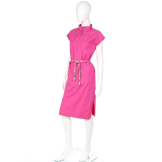 Mandarin collar Yves Saint Laurent pink cotton day dress with string belt