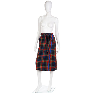 1970's Yves Saint Laurent Vintage Skirt in Red & Blue Plaid Wool Wrap Style