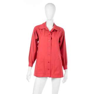 1970s YSL Yves Saint Laurent Vintage Red Cotton Shirt Artist Smock Top with pockets
