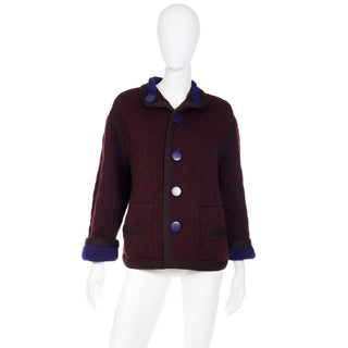 1980s Yves Saint Laurent Reversible Blue Plum Purple Wool Quilted Jacket