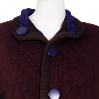 1980s Yves Saint Laurent Reversible Blue Purple Wool Quilted Jacket with pockets