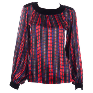 1970s YSL Red and Blue Plaid Top with Velvet Trim