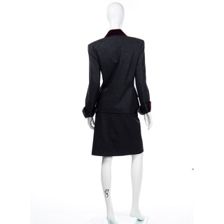 2 pc Yves Saint Laurent Grey Wool Skirt & Jacket Suit w Burgundy Red Velvet Trim