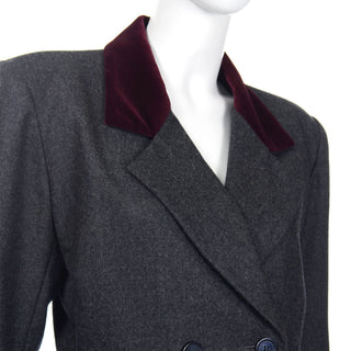 Yves Saint Laurent Grey Wool Skirt & Jacket Suit w Burgundy Red Velvet Trim YSL Variation