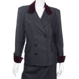 Yves Saint Laurent Grey Wool Skirt & Jacket Suit w Burgundy Red Velvet Trim YSL 10/12