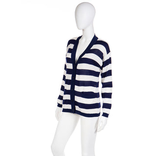 1970s YSL Long Blue and White Striped Vintage Cardigan