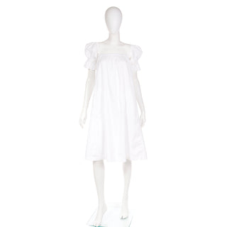 1980s Yves Saint Laurent White Cotton Puff Sleeve Vintage YSL Dress