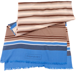 Vintage Yves Saint Laurent Blue & Brown Striped Silk Raw Edge Scarf