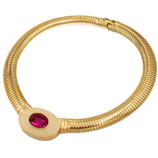 YSL 1980s Yves Saint Laurent Gold Tubogas Necklace w Enamel & Pink Crystal