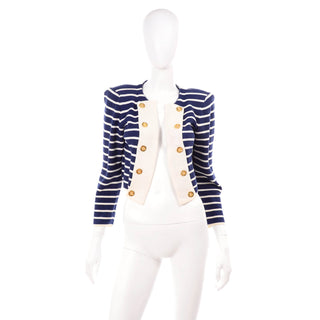 Yves Saint Laurent Navy & White Stripe Cotton Open Front Jacket
