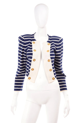Designer Vintage Yves Saint Laurent Navy Blue & White Striped Cotton Jacket Top