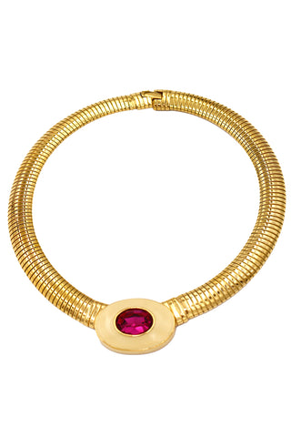 1980s Yves Saint Laurent Gold Tubogas Necklace w Enamel & Pink Crystal
