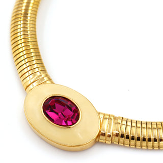 1980s Yves Saint Laurent Gold Tubogas Necklace w Enamel & Pink Crystal center