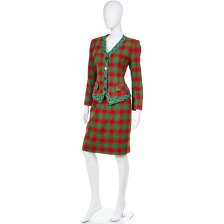1995 Yves Saint Laurent Red & Green Plaid Cashmere & Wool Skirt Suit & Jacket