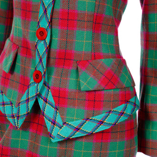 1995 Yves Saint Laurent Red & Green Plaid Cashmere & Wool Skirt Suit YSL 2 pc