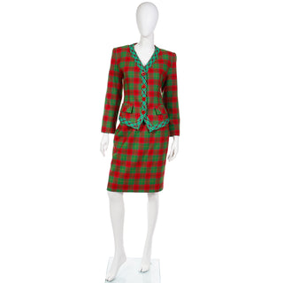1995 Yves Saint Laurent Red & Green Plaid Cashmere & Wool Skirt Suit YSL