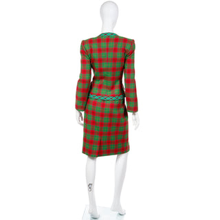1995 Yves Saint Laurent Red & Green Plaid Cashmere & Wool Jacket & Skirt Suit 
