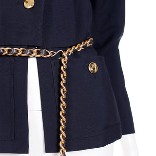 1987 Yves Saint Laurent Navy Blue Mohair Blend Jacket W Chain Belt 38