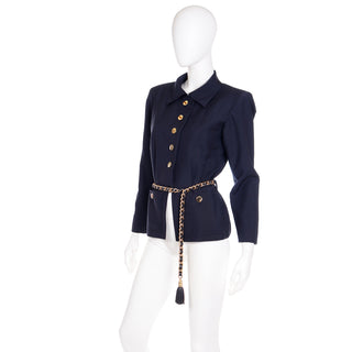 S/S 1987 Yves Saint Laurent Navy Blue Mohair Blend Jacket W Chain Belt
