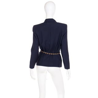 1987 Yves Saint Laurent Navy Blue Mohair Wool Blend Jacket W Chain Belt
