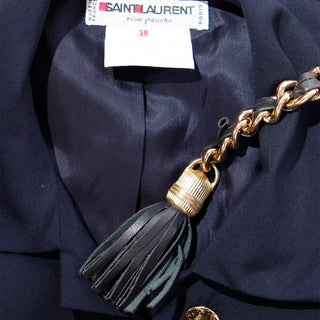 1987 Yves Saint Laurent Navy Blue Mohair Blend Jacket W Chain Belt Fr Size 38