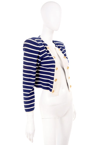 Open Front Vintage Yves Saint Laurent Navy Blue & White Striped Cotton Jacket Top