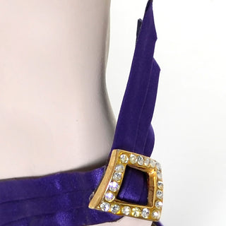 1985 Yves Saint Laurent Documented Purple Satin Rhinestone Slingback YSL Shoes with gold square rhinestones