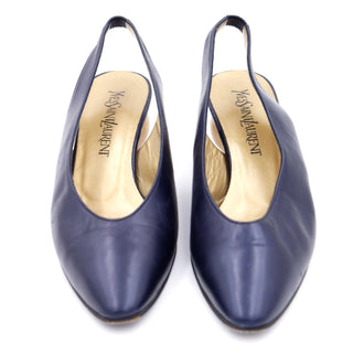 YSL 1980s Yves Saint Laurent Shoes Navy Blue Slingbacks With Gold Ball Heels
