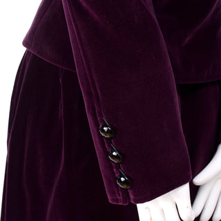YSL burgundy wine colored velvet mandarin collar jacket and skirt