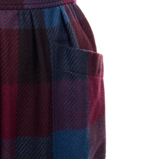 1980s Yves Saint Laurent Red & Blue Plaid Wool Vintage Skirt front pockets