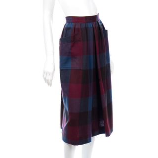 1980s Yves Saint Laurent Red & Blue Plaid Wool Vintage Skirt size 8