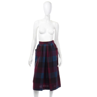 1980s Yves Saint Laurent Red & Blue Plaid Wool Vintage Skirt with  pockets