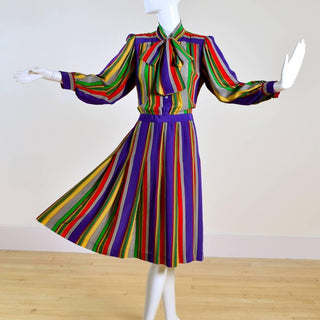 YSL pleated pussybow vintage dress with stripes size 6