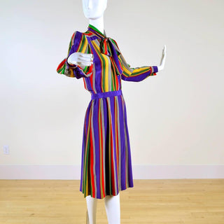Dressing Vintage long sleeve striped silk colorful vintage dress. Documented 1982 and photographed by Helmut Newton