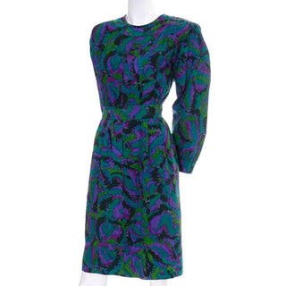 80's Yves Saint Laurent vintage dress with green, purple and blue abstract painted looking design