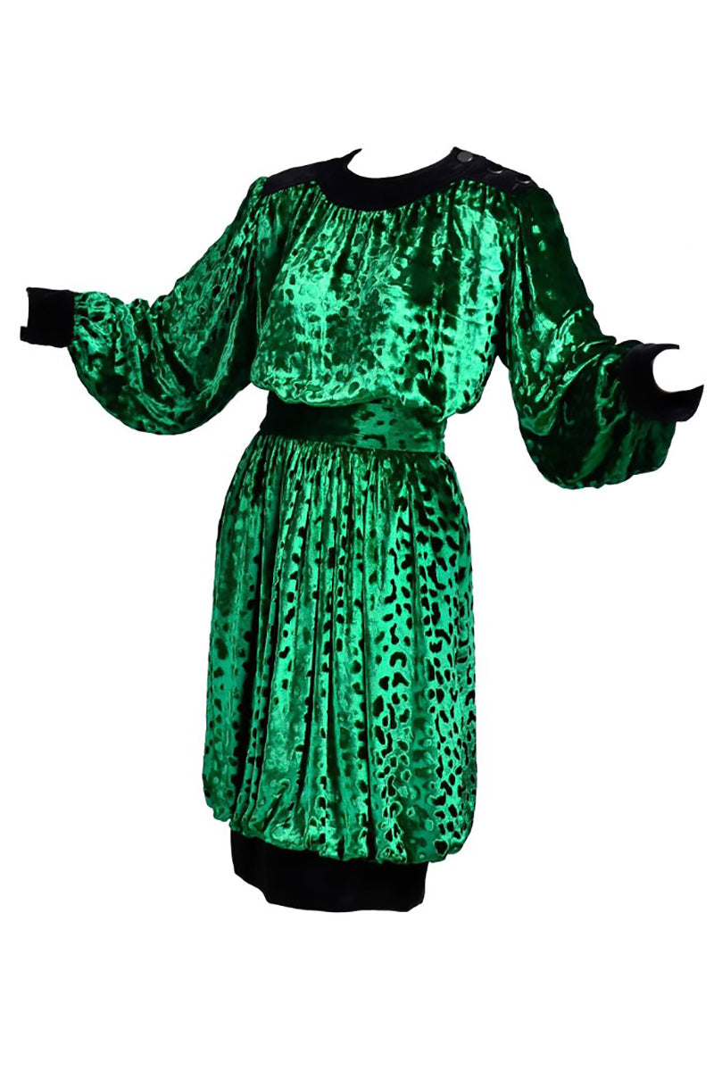 Yves Saint Laurent YSL Vintage Dress Green Velvet Animal Print Small Modig Yves Saint Laurent YSL Vintage Dress Green Velvet Animal Print Small Modig