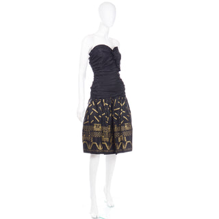 1980s Zandra Rhodes Black Strapless Evening Dress w Gold Stencil Design Tulle underskirt