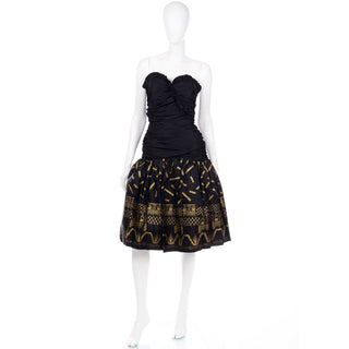 1980s Zandra Rhodes Black Strapless Evening Dress with Gold Stencil Design