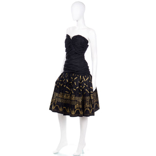 1980s Zandra Rhodes Ruched Black Strapless Evening Dress w Gold Stencil Design